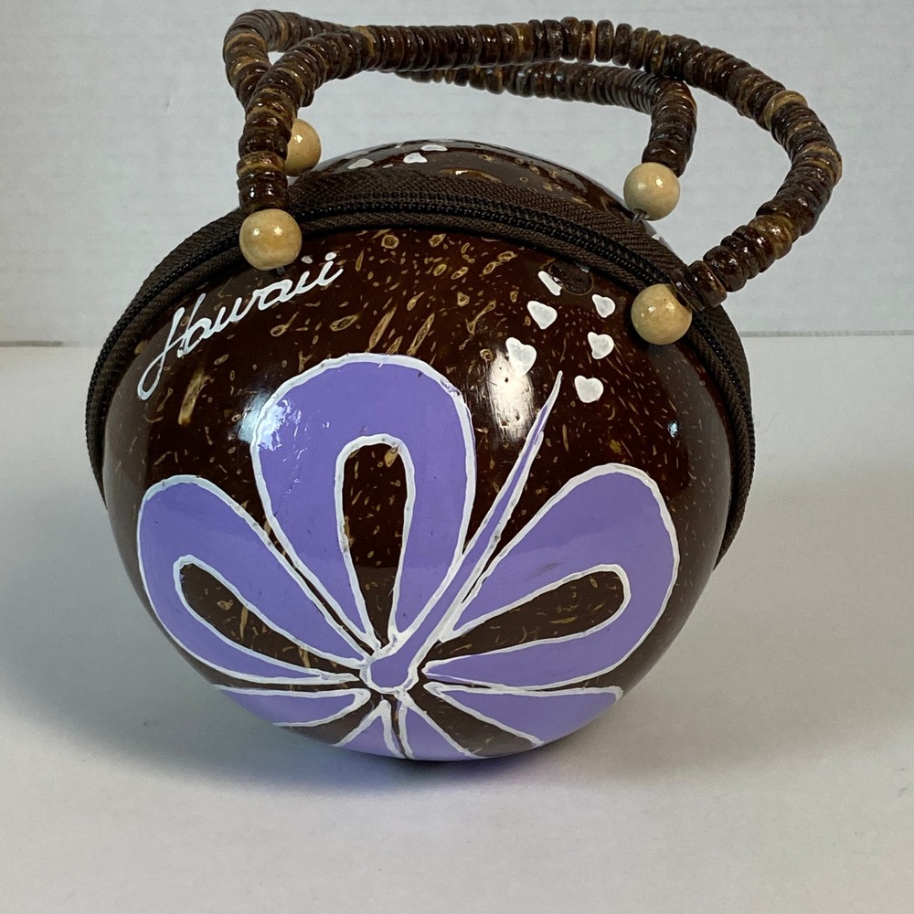 Hawaii Aloha Hand Painted Coconut Shell Handbag Purple Hibiscus Wood Bead Handle